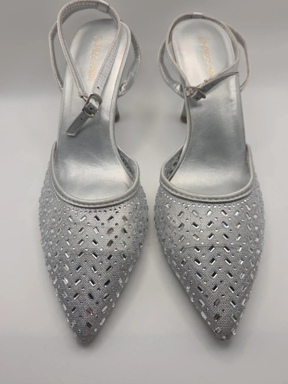 Silver Women's Pointed Slingback Heels with Rhinestone Accents